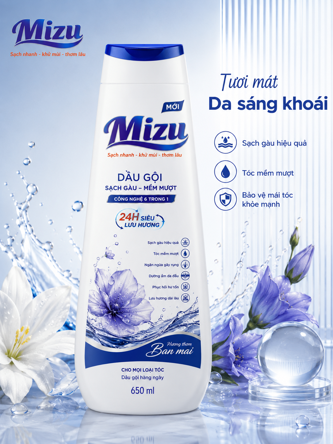 Dầu gội Mizu 6 in 1 Sạch gàu – Mềm mượt 650ml hương Ban mai