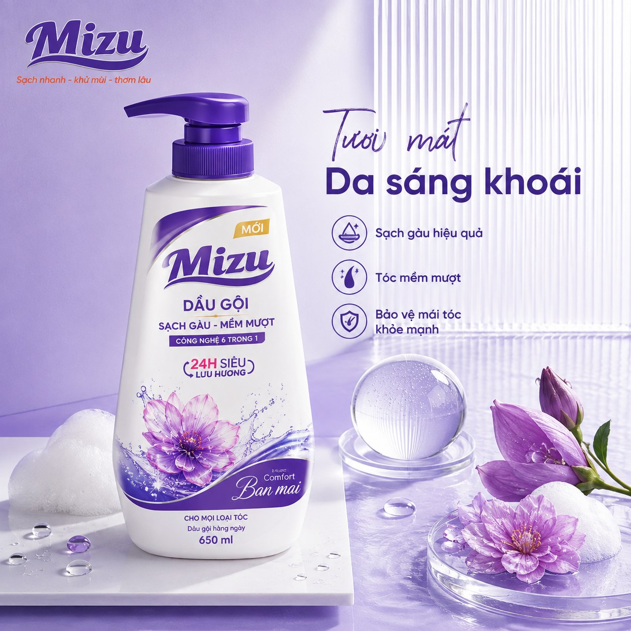 Dầu gội Mizu Sạch gàu – Mềm mượt 6 trong 1 650ml hương Comfort Ban mai